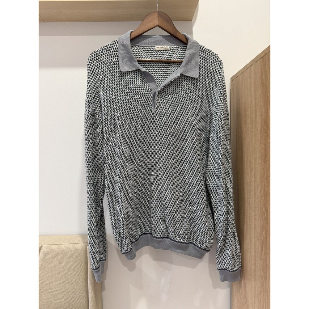 Beauty&Youth United Arrows Mens M Gray Textured Relaxed Jacquard Knit Polo